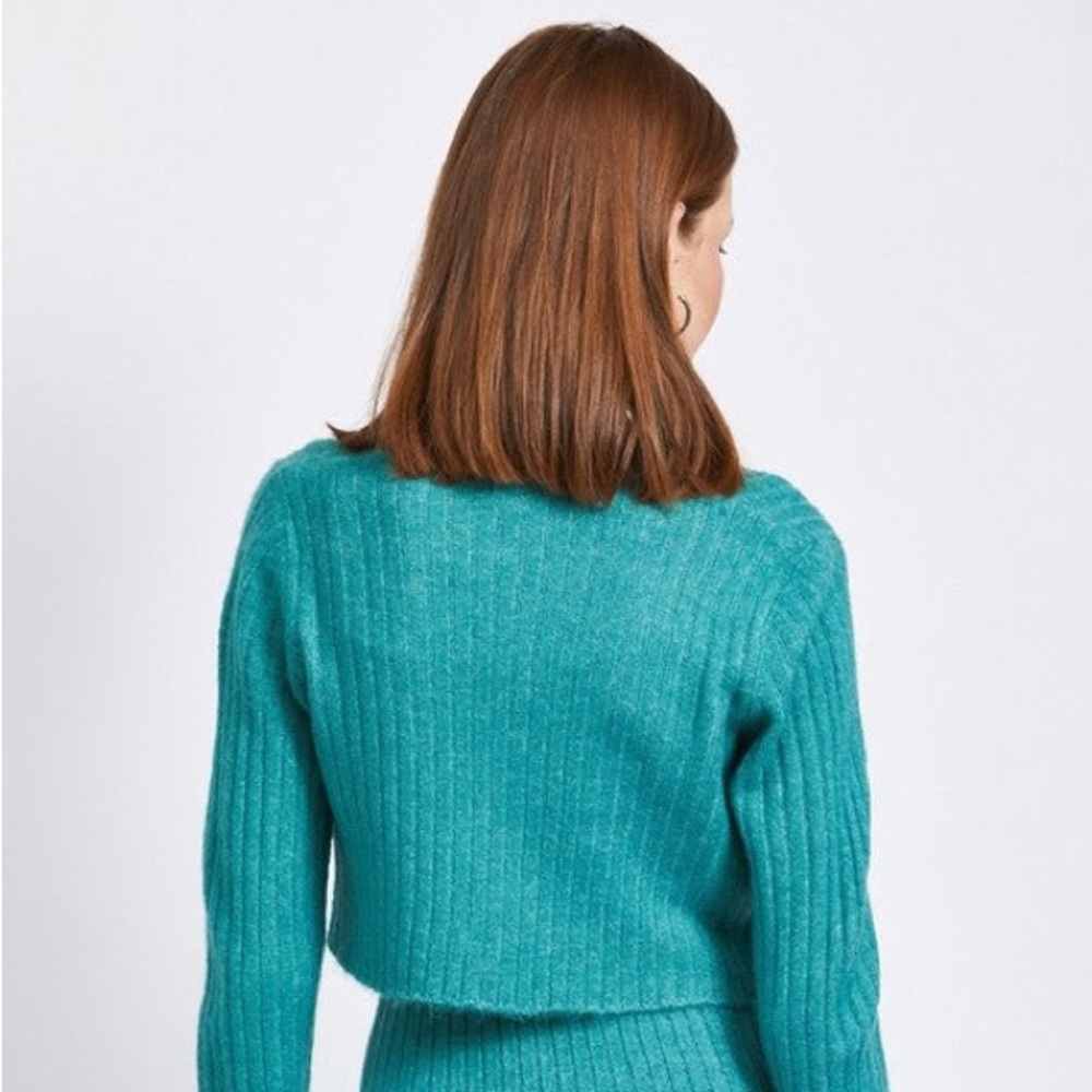 NWT Emory Park Women’s Teal Ribbed Cropped Cardigan Sweater Cozy Y2K Size Small - Picture 4 of 7